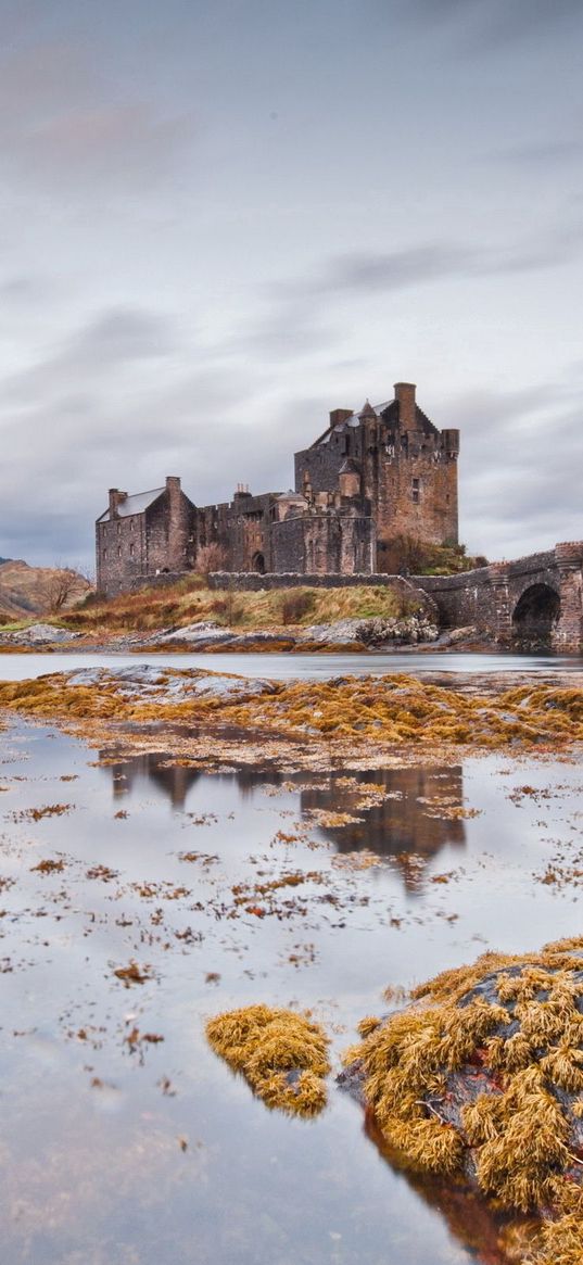 castle, bridge, arches, stone, water, lake, stones, vegetation, cold, emptiness, loneliness, terribly