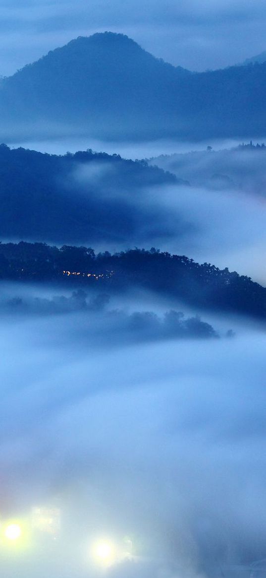 city, fires, fog, night, mountains, relief, from above