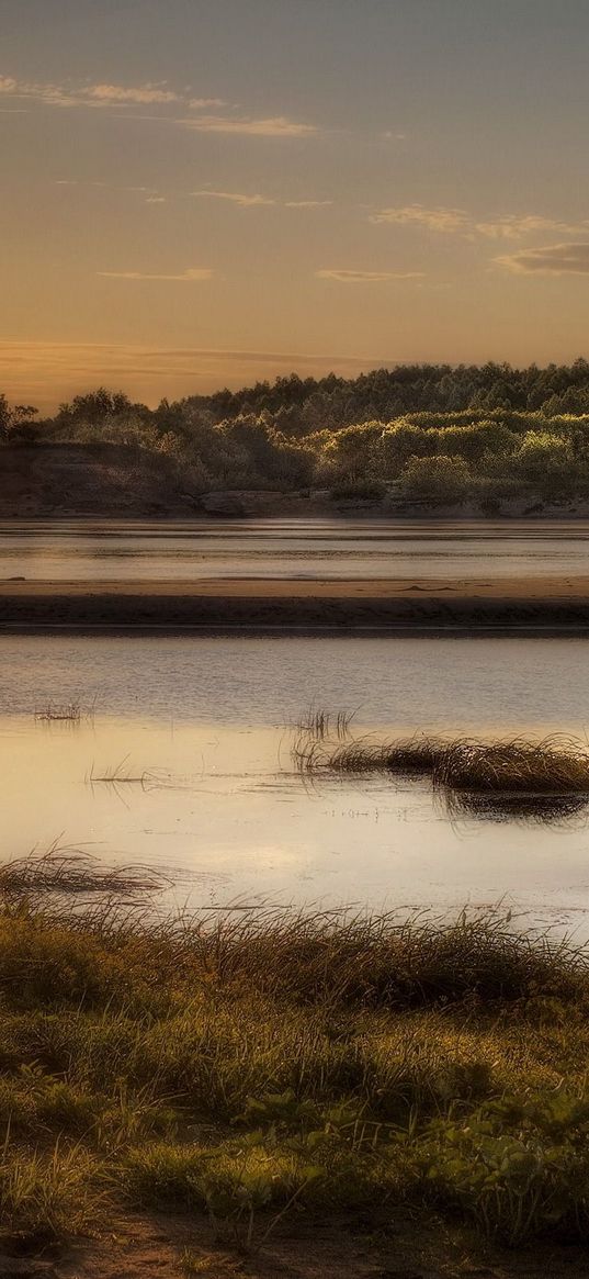 sun, light, lake, fisherman, coast, grass, faded, reflection