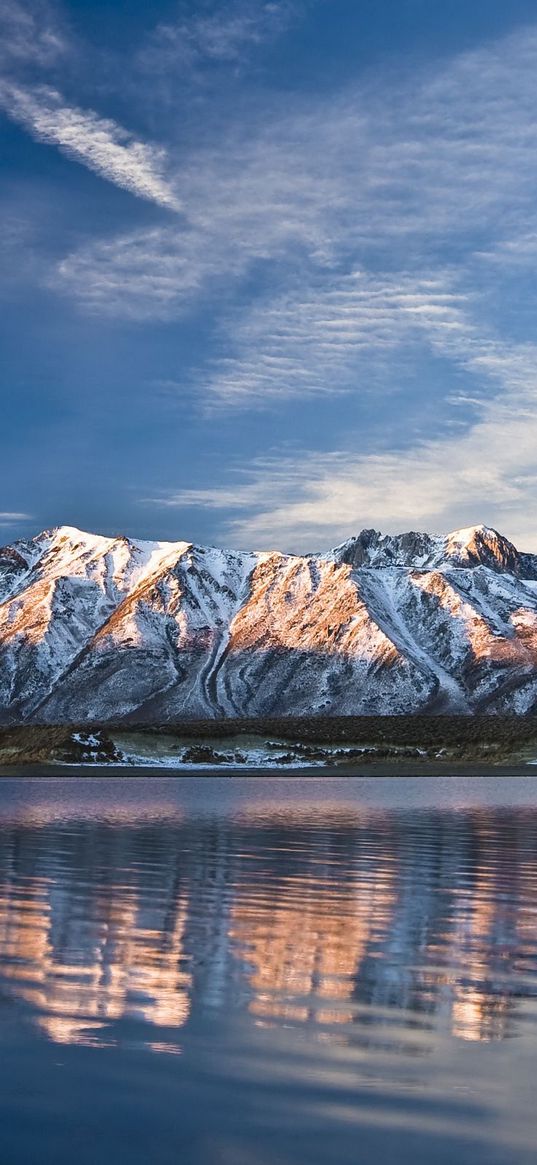 mountains, lake, clouds, light, sky, ripples, surface of the water, freshness, tops, ridge, strips, traces