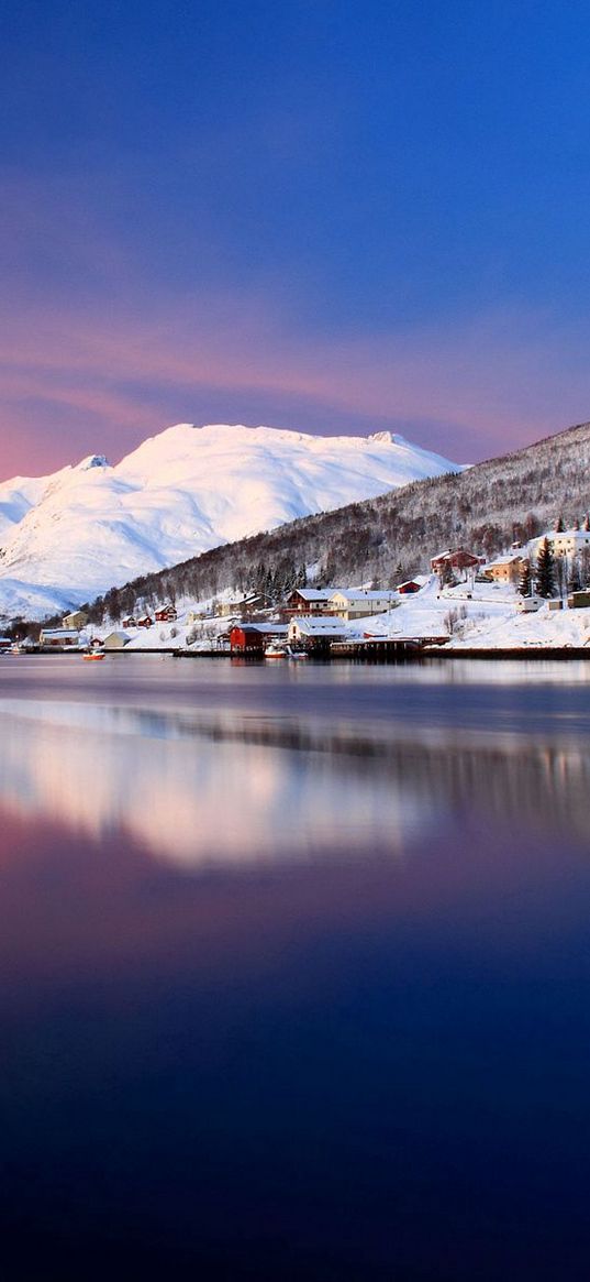 river, mountains, home, sky, snow, blue, surface of the water, smooth surface, reflection, silence