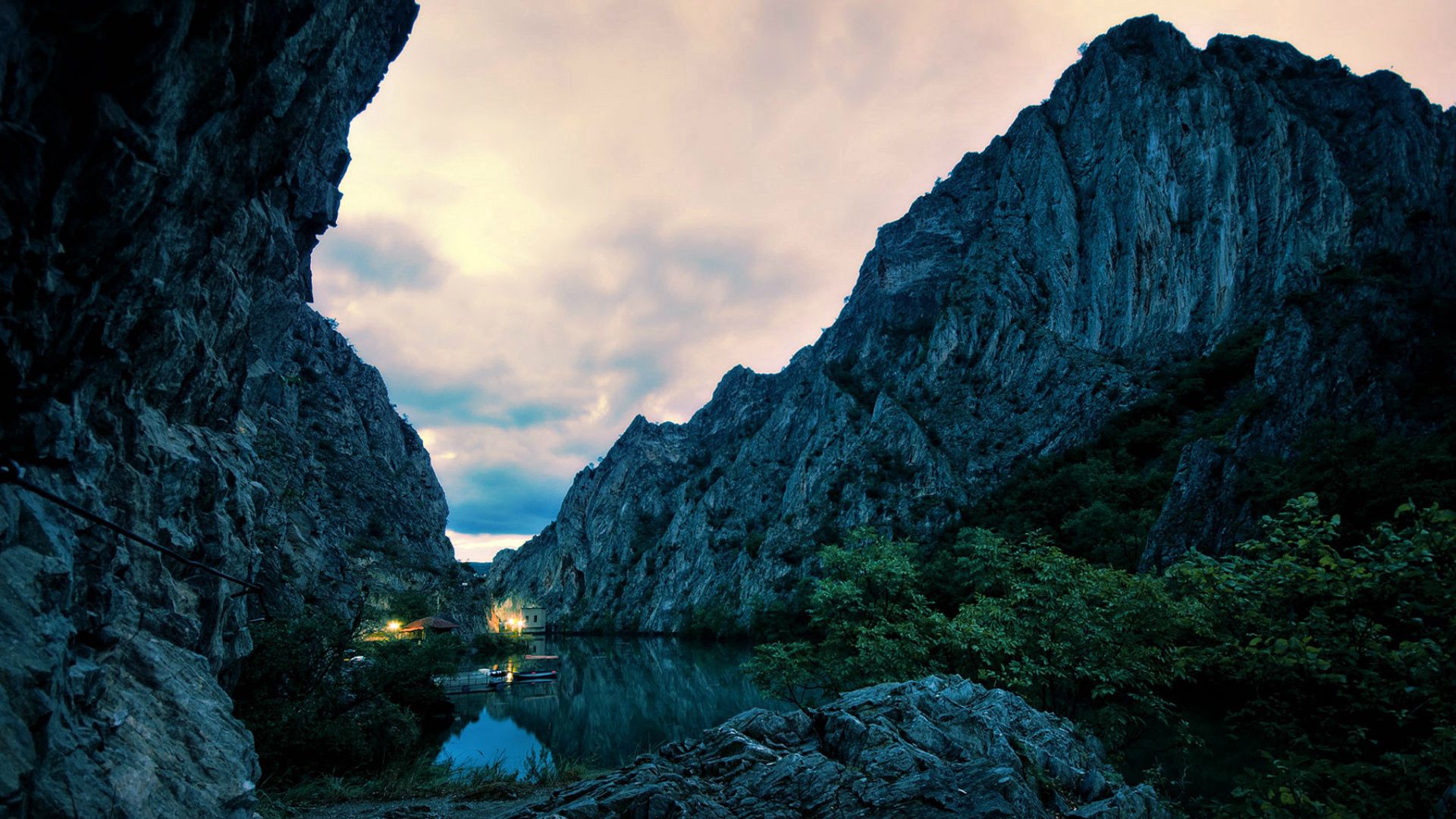 mountains, lake, rocks, house, fires, twilight, evening, bushes