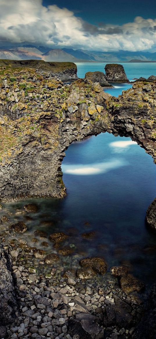 rocks, arch, reeves, pebble, stones, sea, coast, clouds, volume, hole