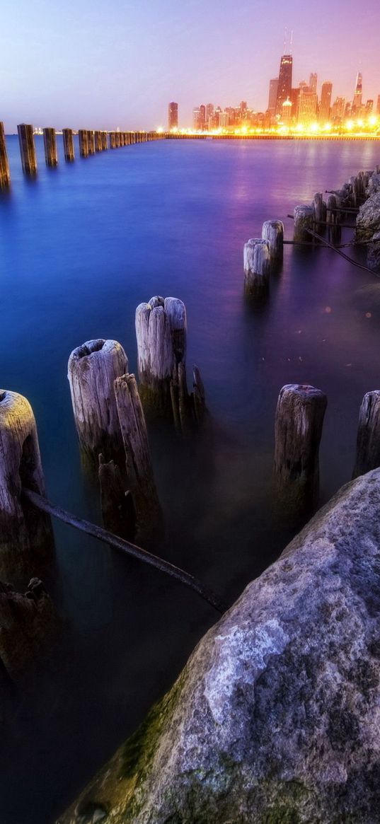 logs, stakes, city, fires, stones, strengthening, twilight, ocean, light