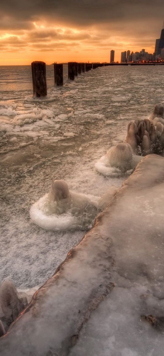 logs, stakes, city, ice, stones, strengthening, twilight, distance