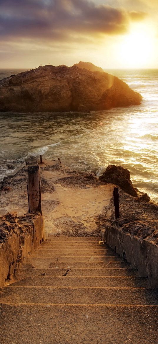 steps, ladder, descent, stakes, sea, waves, foam, rock, sun, light, cloudy, horizon