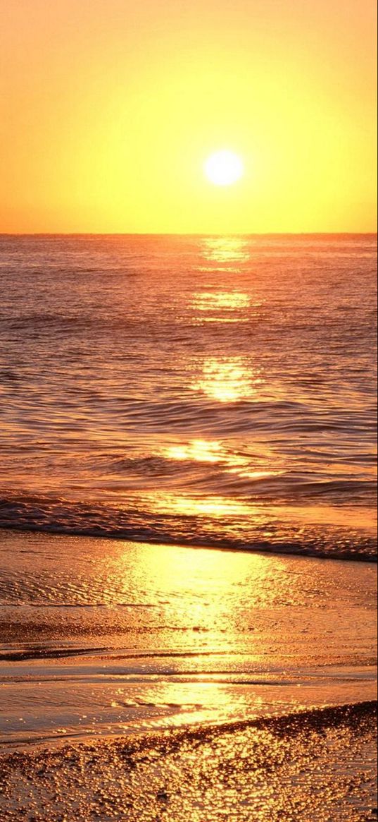 decline, sea, sand, horizon, evening, beach, light, patches of light, waves, orange, ripples, calm