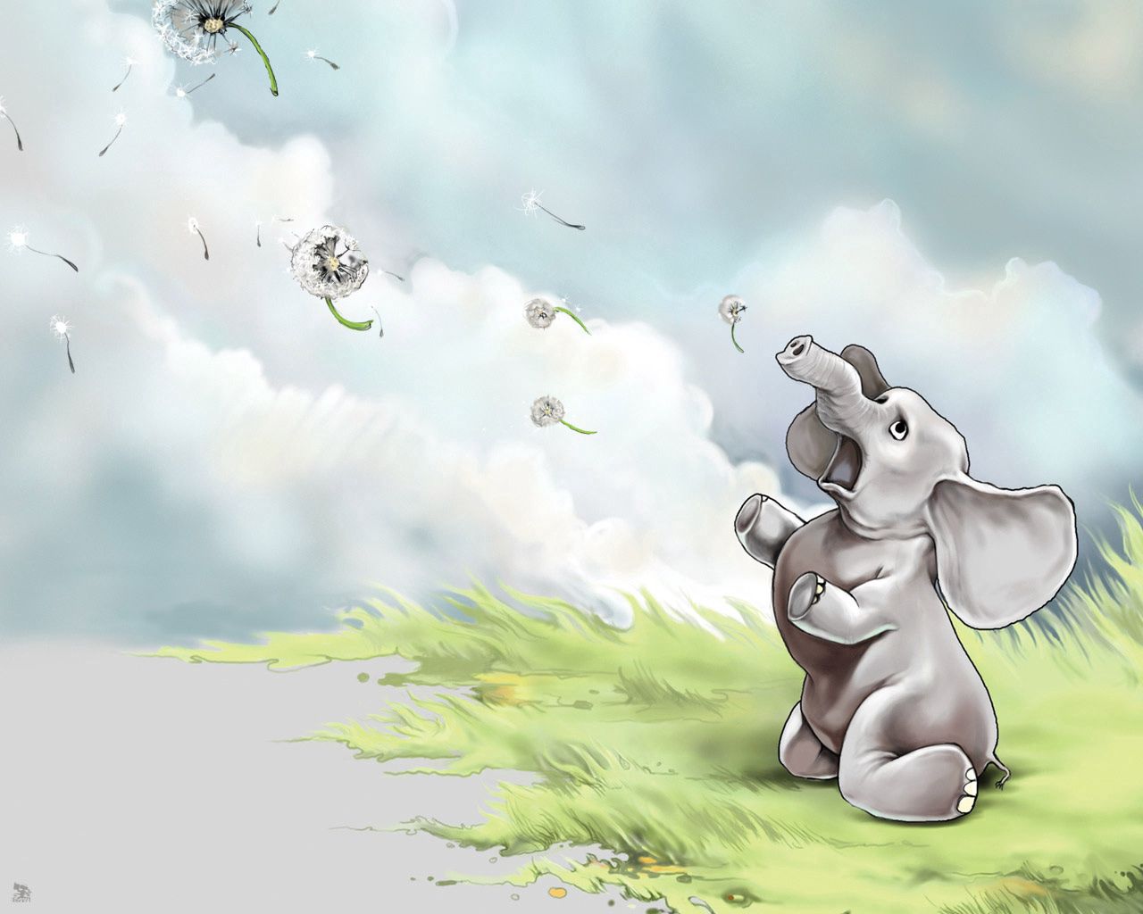 elephant, grass, flying, sky