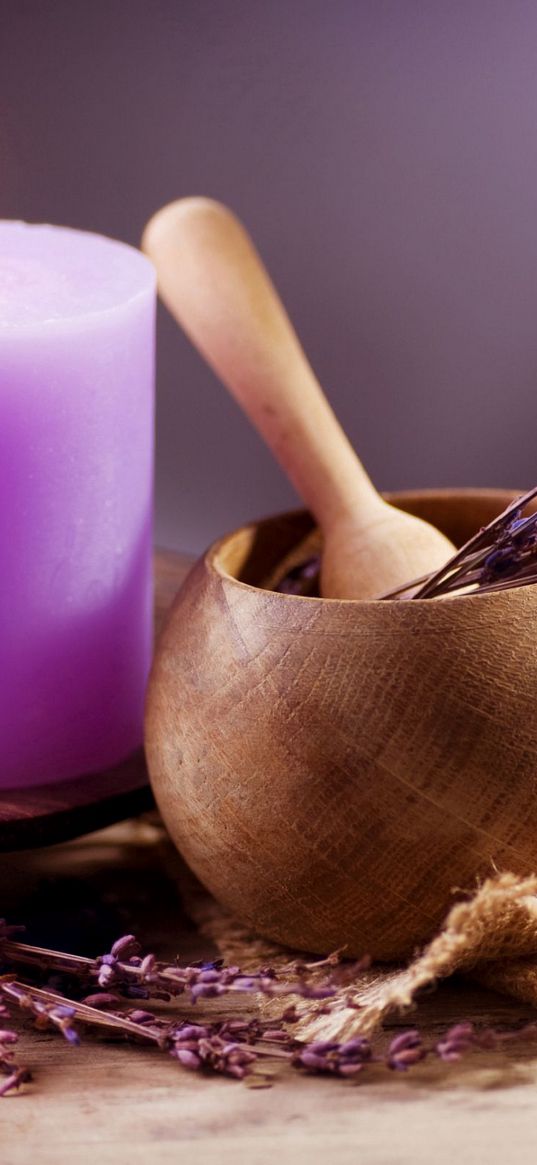 lavender, candle, mortar, cup, aromatherapy