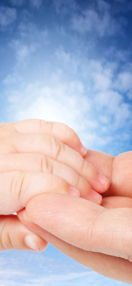 hands, child, adult, affection, care, sky