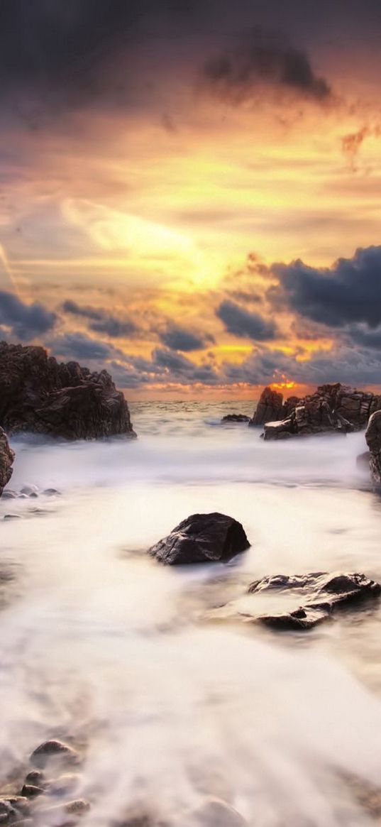 stones, rocks, stream, water, sea, sky, clouds, orange, gleam