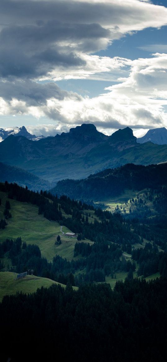 sky, clouds, height, mountains, woods, gleam, from above, darkness