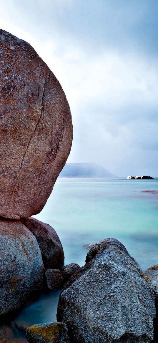 stones, boulders, sky, sea, horizon, clouds, blue, reeves, bank, heap