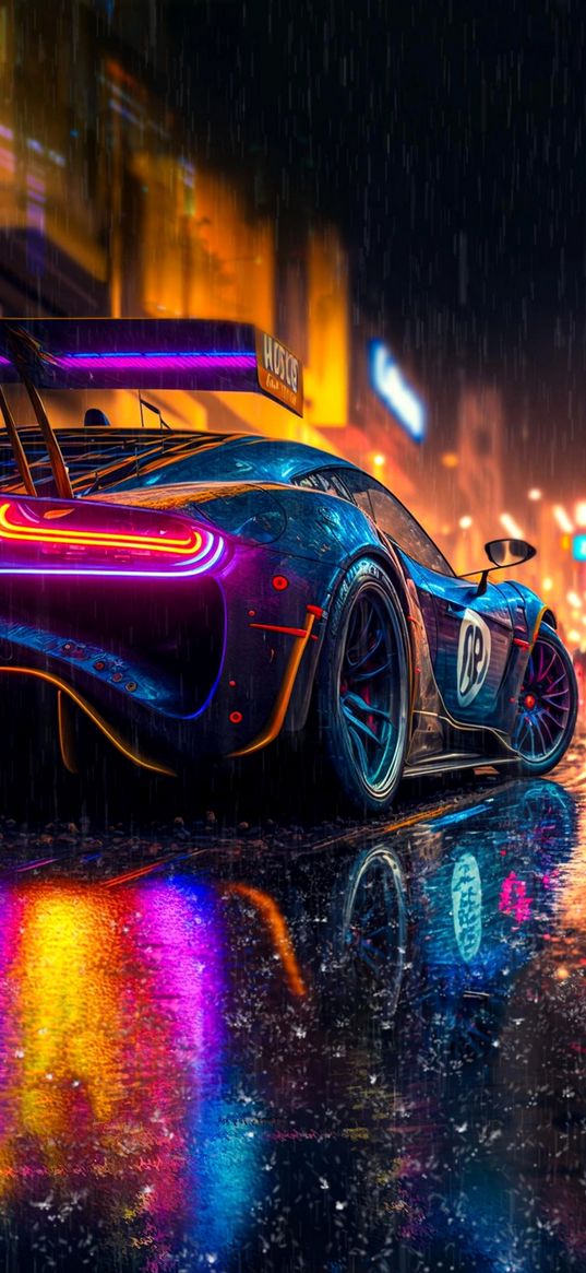 racing car, rain, wet asphalt, lighting