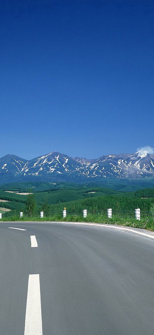 road, turn, mountains, asphalt, tops