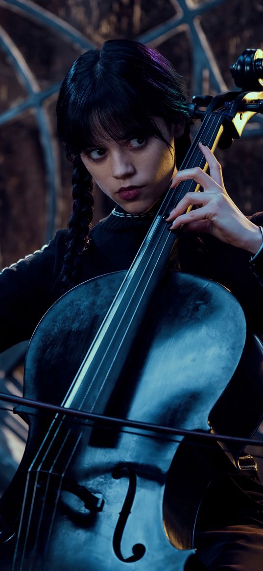 wednesday addams, series, character, cello, musical instrument, black