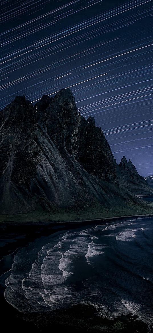 mountains, waves, water, starfall, sky, night, nature