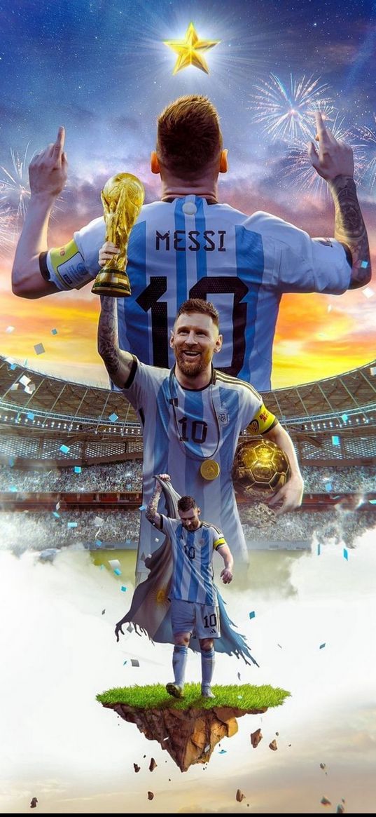 messi, footballer, collage, stadium, cup, star