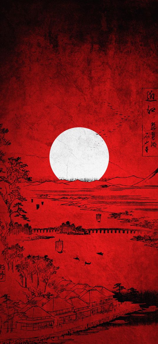 sun, asia, hieroglyphs, houses, red, white