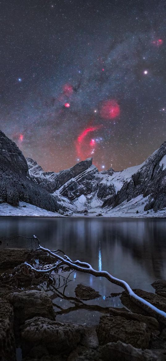 lake, mountain, snow, stones, magellanic cloud, starry sky, nature