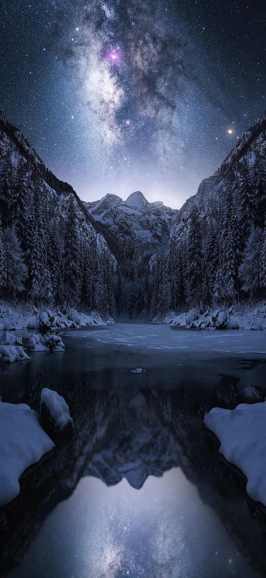 lake, ice, trees, snow, hillside, mountain, stars, nature