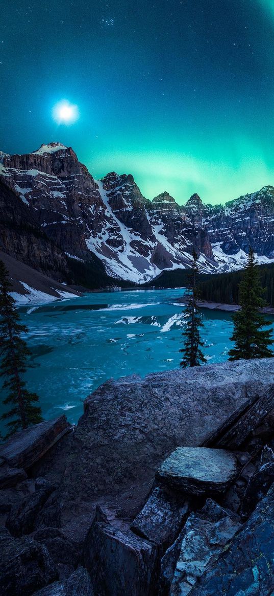 lake, mountain, snow, trees, rocks, moon, northern lights, landscape