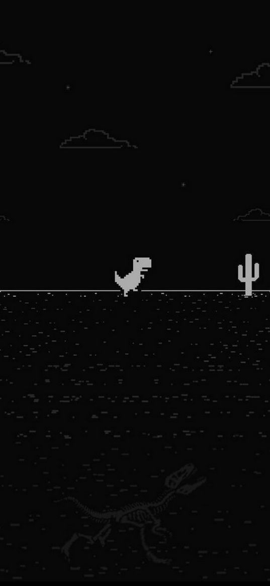 dinosaur, cactus, clouds, pixel, game, black