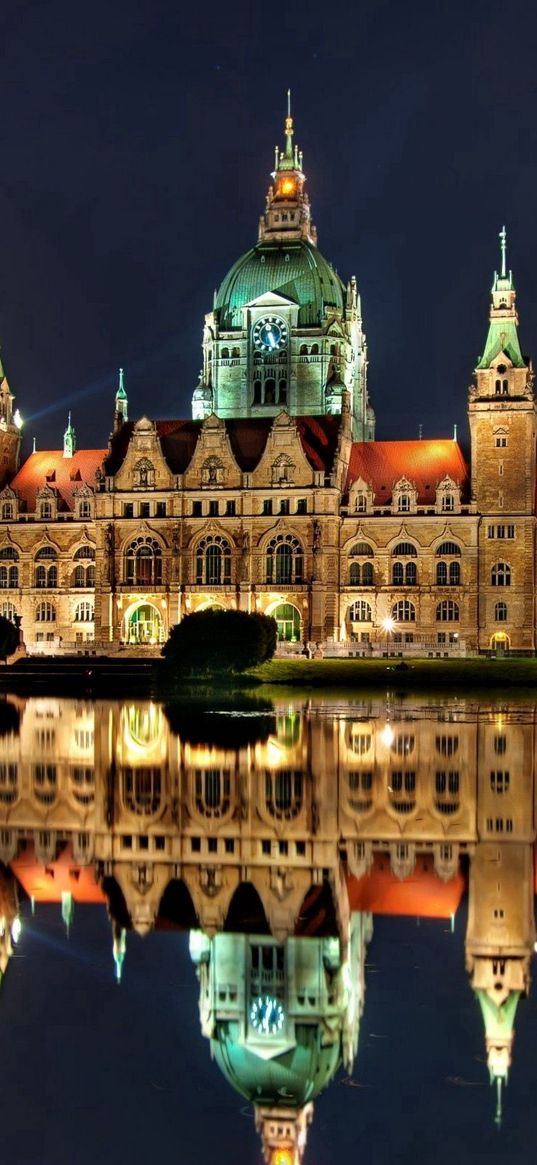 hannover, germany, building, night, reflection, shine