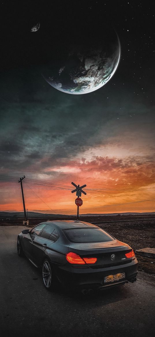 bmw m6, bmw, car, black, road, planet, space