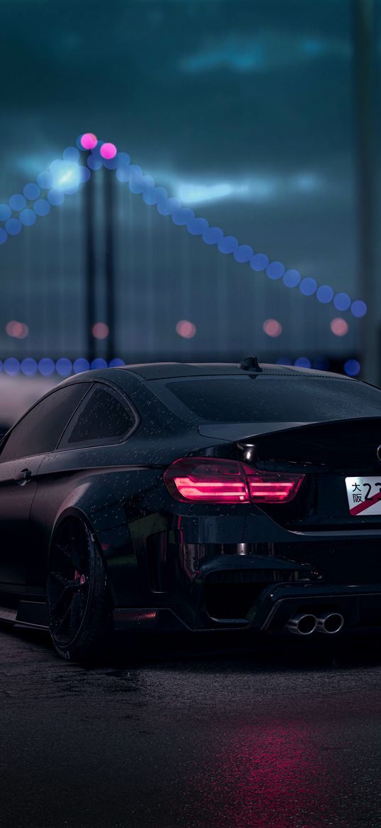 bmw, car, black, headlights, night, bridge, lights