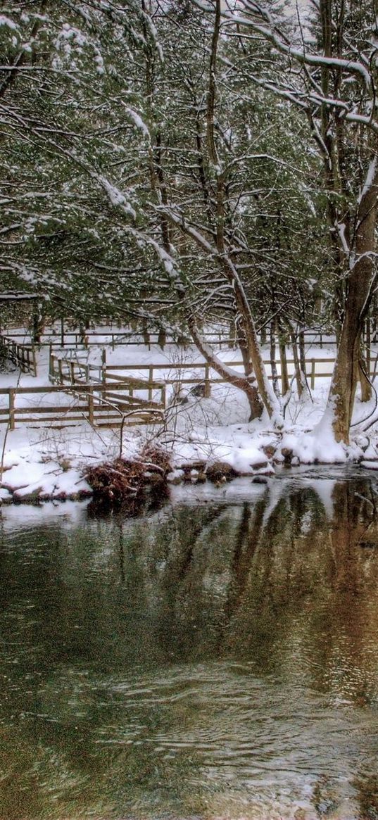 park, river, fence, snow, trees