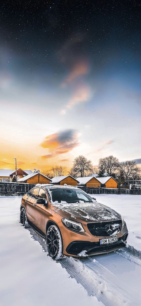 mercedes benz, mercedes, car, orange, snow, houses