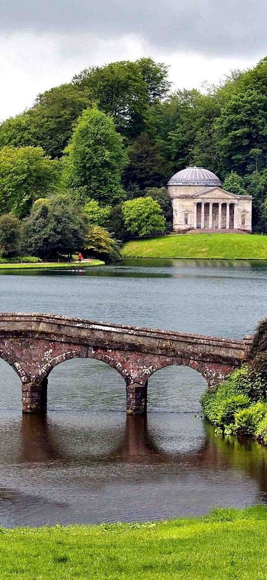 bridge, greens, construction, trees, park, water