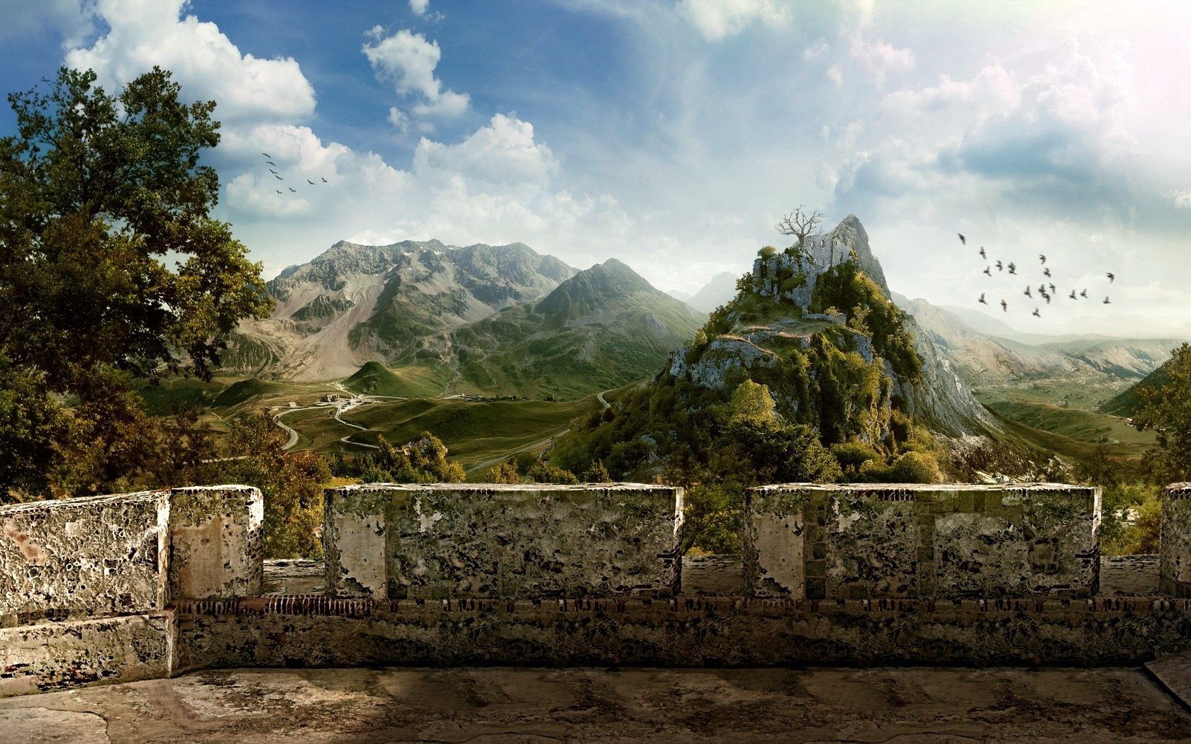 mountains, bird, sky, structure, stones, clouds