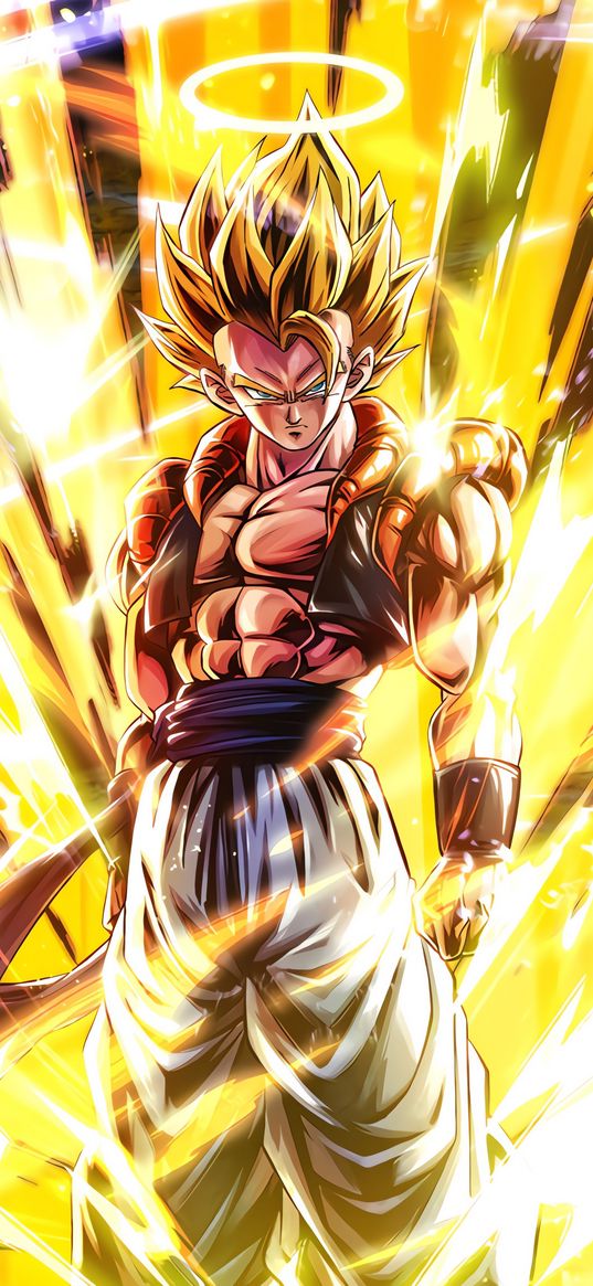 gogeta, dragon ball, anime, character, halo, fire, art