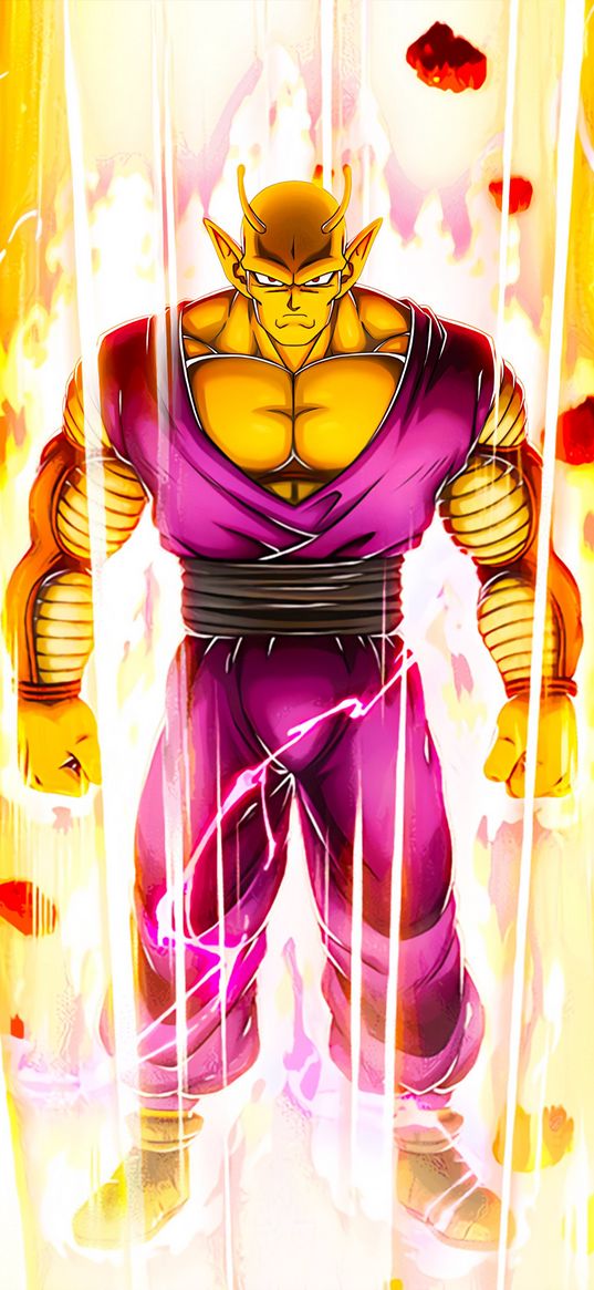 piccolo, dragon ball, anime, character, power, anger, fire, art