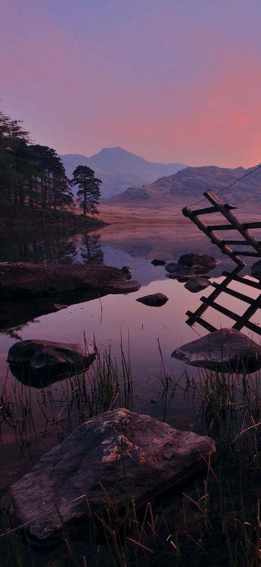 fence, water, stones, morning, mountains, wood