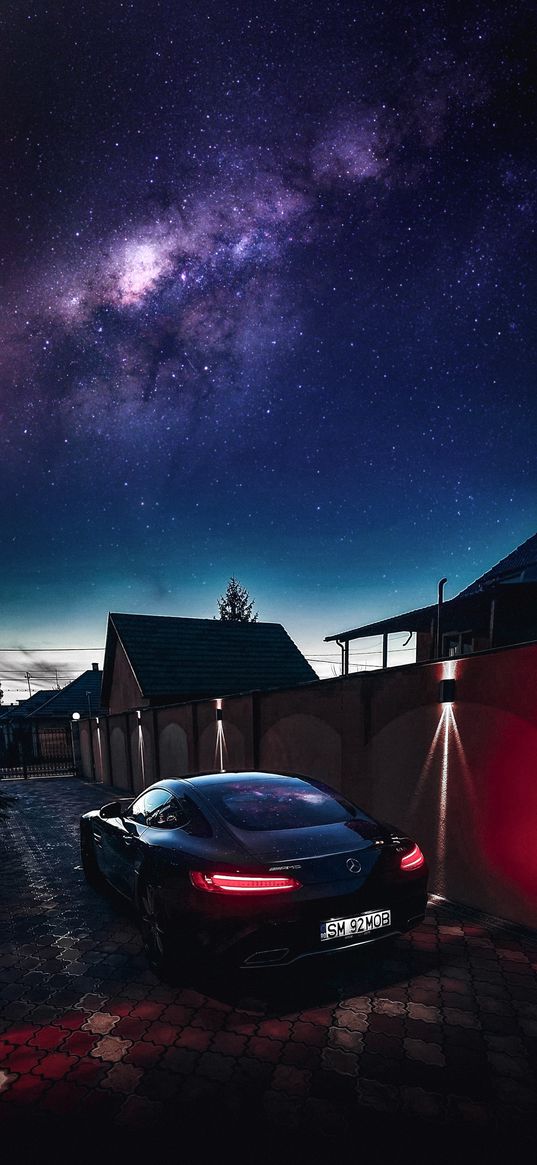 mercedes benz, car, lights, starry sky, black