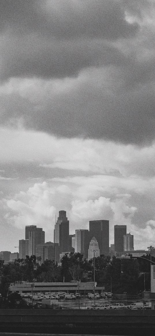 los angeles, city, sky, clouds, black and white