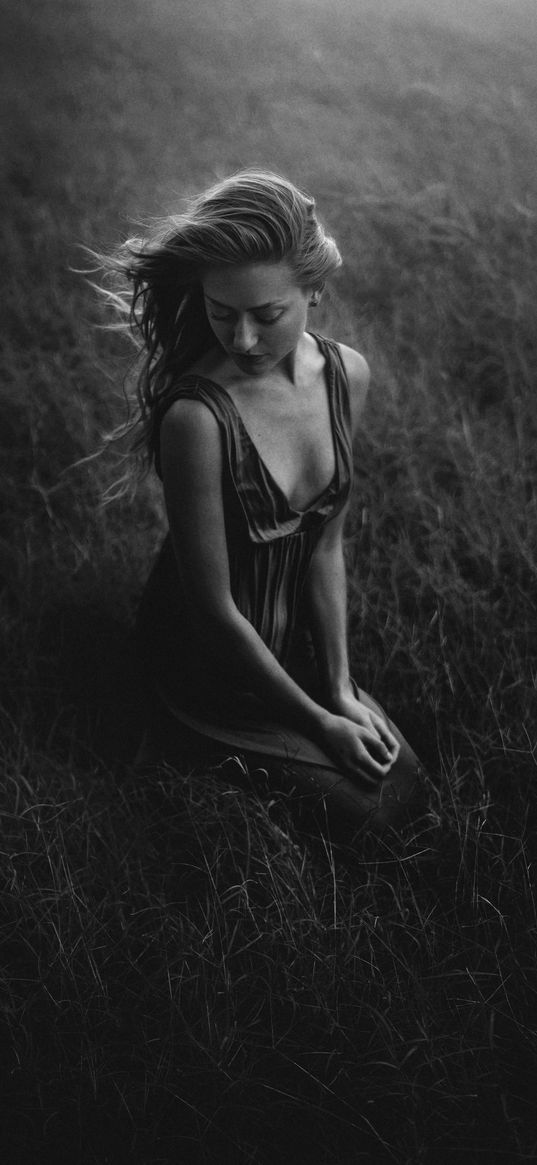 girl, field, grass, sitting, black and white