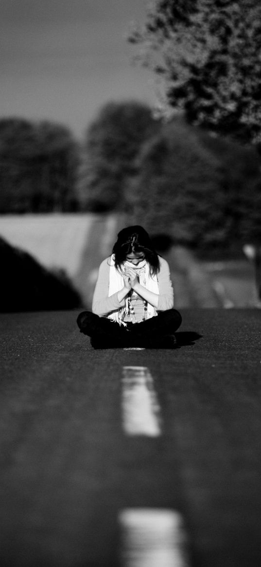 girl, road, markings, nature, black and white