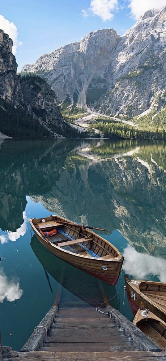 lake, boat, mountains, reflection, stairs, nature