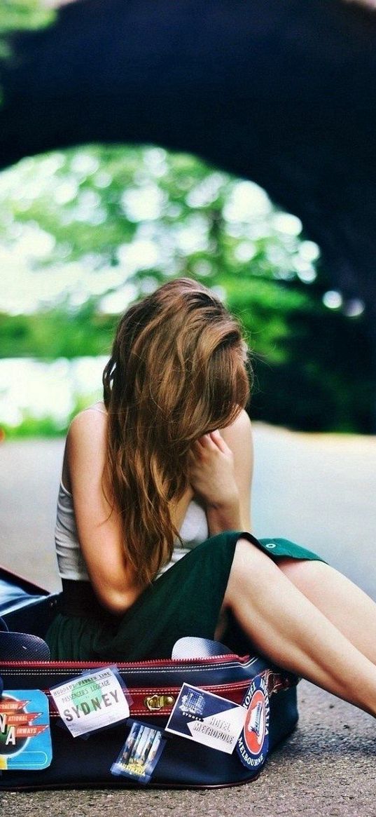 girl, road, suitcase, sitting, waiting