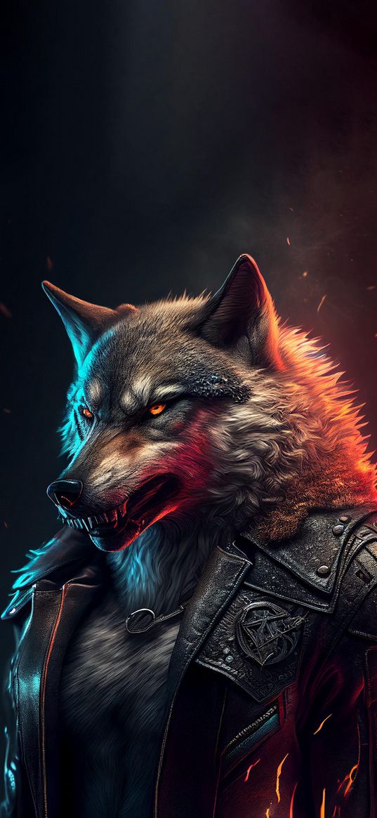 wolf, animal, leather jacket, clothing, dark