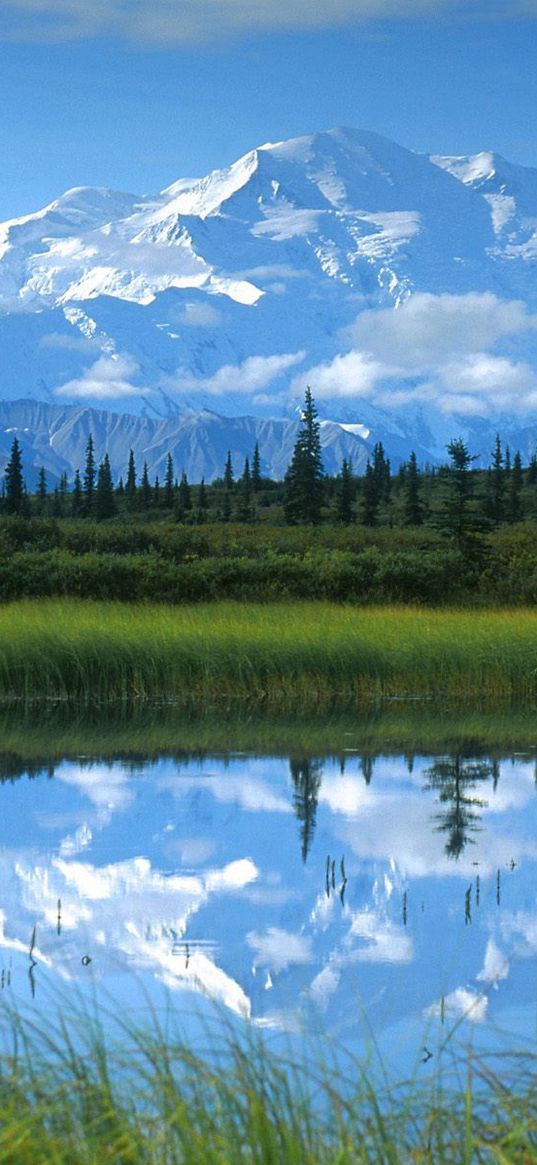 mountains, water, reflection, green, blue