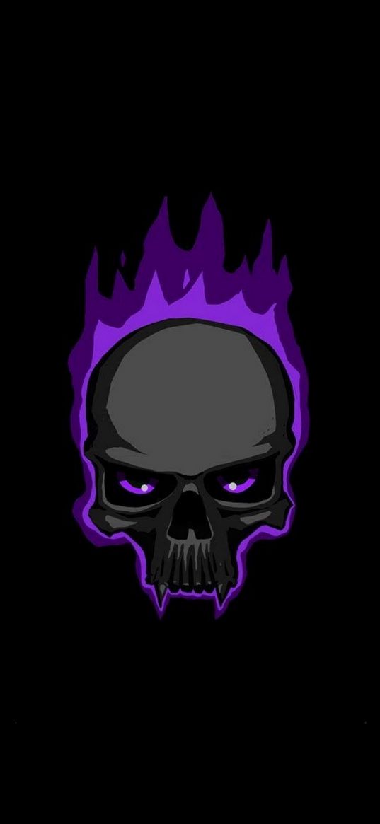 skull, fire, flame, scary, purple, black background, art