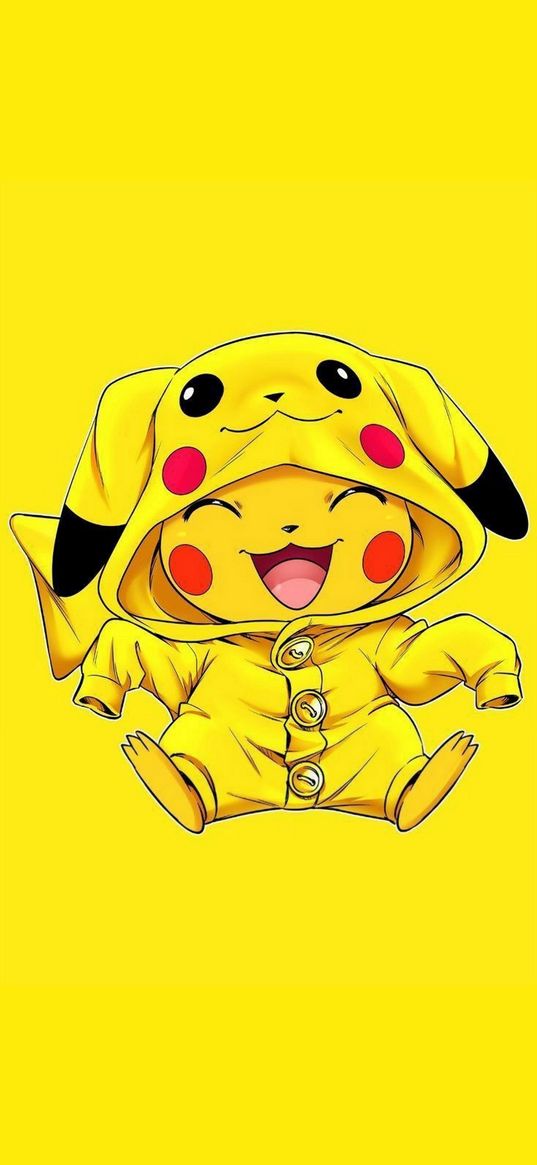 pikachu, pokemon, anime, pajamas, costume, laughter, yellow background, art