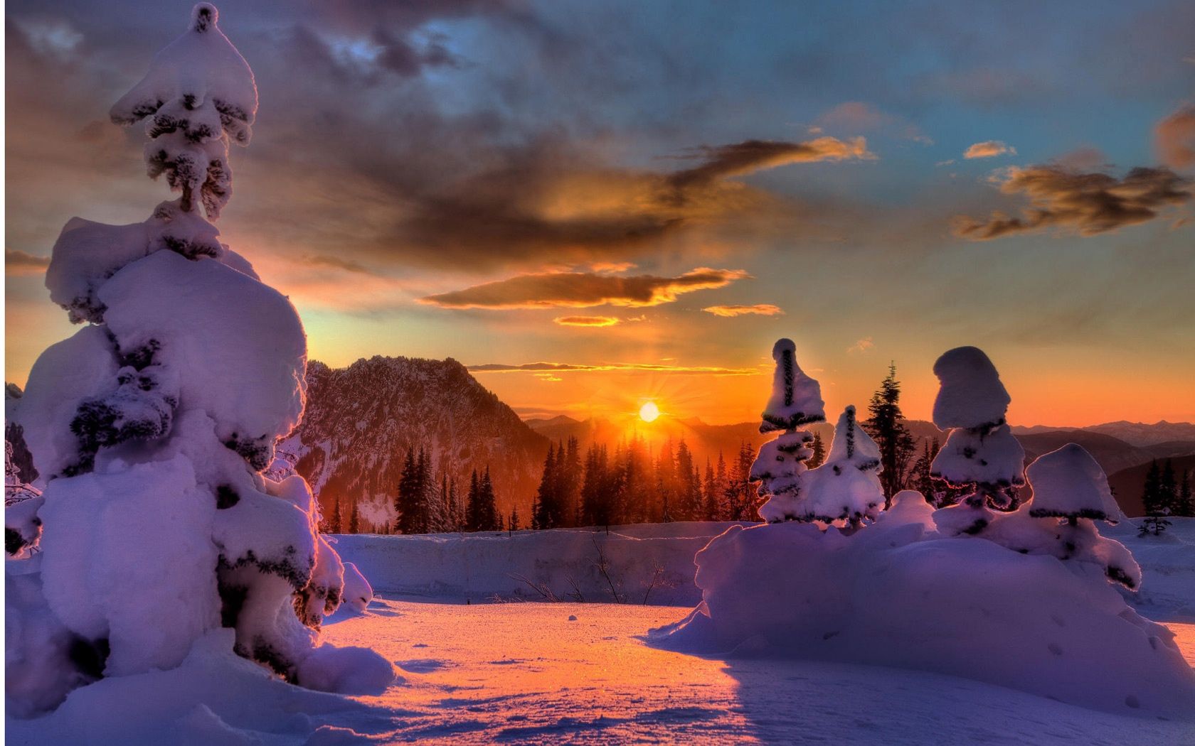 sun, mountains, clouds, snowdrifts, fur-trees, winter