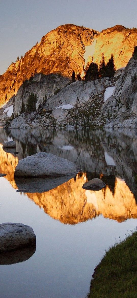 mountains, stones, water, shades, rocks, coast