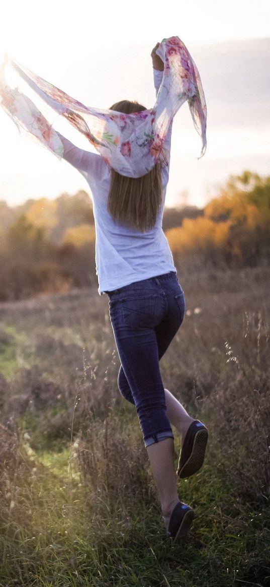 field, jump, grass, girl, happiness